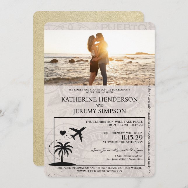 Invitación Boda de pasaporte champagne Puerto Rico (Anverso / Reverso)