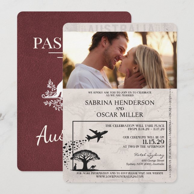 Invitación Boda de pasaporte de Australia de Borgoña (Anverso / Reverso)