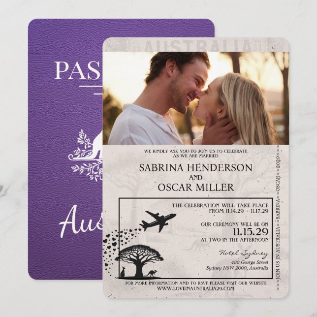 Invitación Boda de pasaporte de Australia morado (Anverso / Reverso)