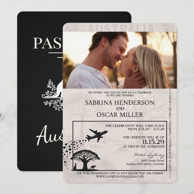 Invitación Boda de pasaporte de Australia negra (Anverso / Reverso)