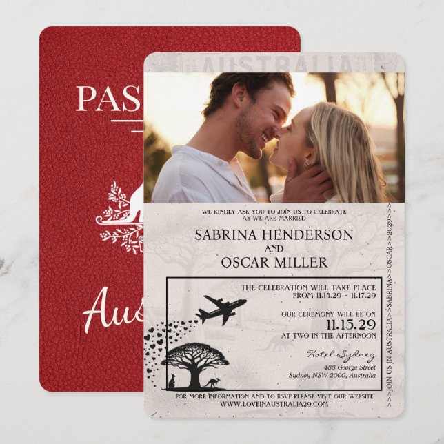 Invitación Boda de Pasaporte de Australia Roja (Anverso / Reverso)