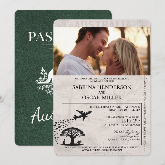 Invitación Boda de pasaporte de Australia verde (Anverso / Reverso)