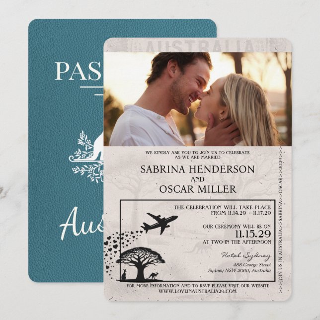 Invitación Boda de pasaporte de Australia verde azulada (Anverso / Reverso)