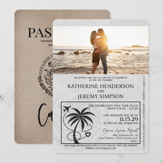 Invitación Boda de pasaporte de Beige Cancun (Anverso / Reverso)