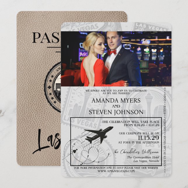 Invitación Boda de pasaporte de Beige Las Vegas (Anverso / Reverso)