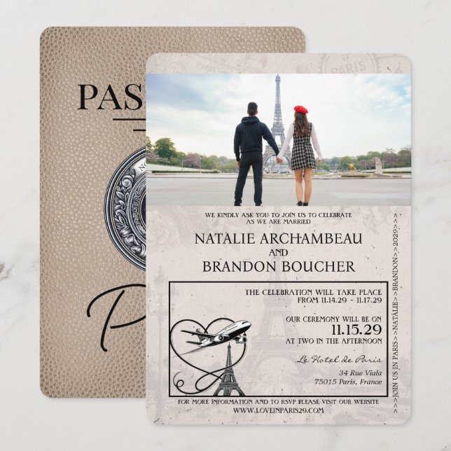 Invitación Boda de pasaporte de Beige Paris (Anverso / Reverso)