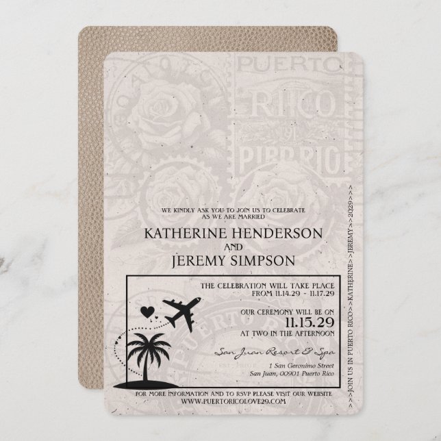 Invitación Boda de pasaporte de Beige Puerto Rico (Anverso / Reverso)