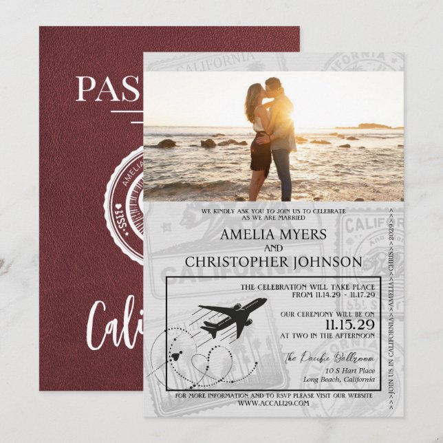 Invitación Boda de pasaporte de Borgoña California (Anverso / Reverso)