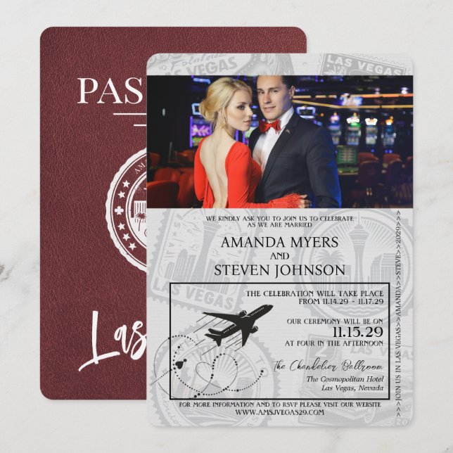 Invitación Boda de pasaporte de Borgoña Las Vegas (Anverso / Reverso)