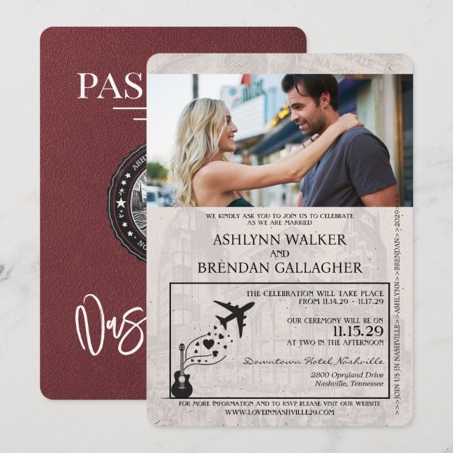 Invitación Boda de pasaporte de Borgundy Nashville (Anverso / Reverso)
