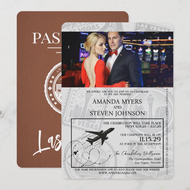 Invitación Boda de pasaporte de Brown Las Vegas (Anverso / Reverso)