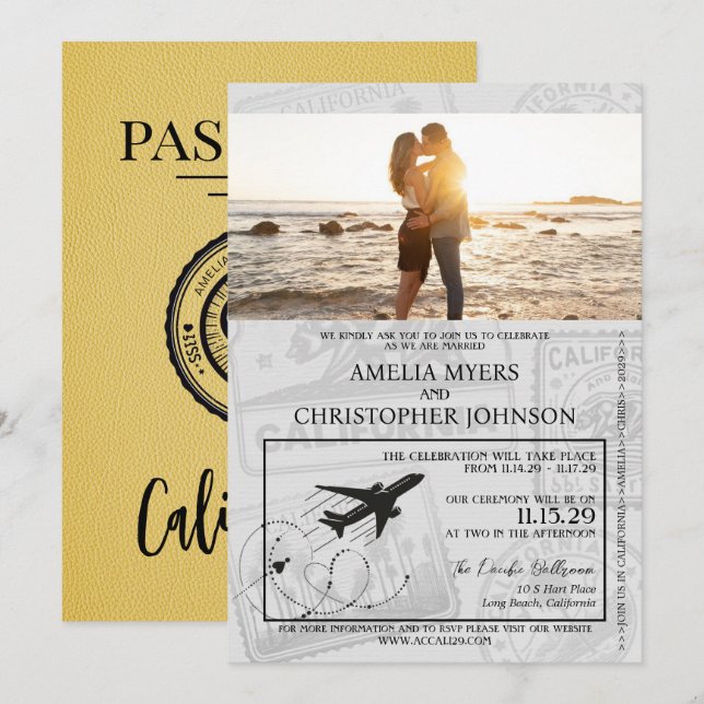 Invitación Boda de pasaporte de California amarillo (Anverso / Reverso)