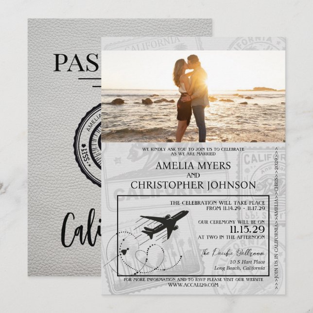 Invitación Boda de pasaporte de California blanca (Anverso / Reverso)