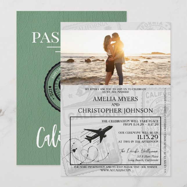 Invitación Boda de pasaporte de California verde (Anverso / Reverso)