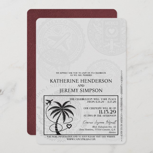 Invitación Boda de pasaporte de Cancún de Borgoña (Anverso / Reverso)