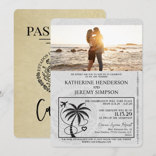 Invitación Boda de Pasaporte de Cancún de Champagne (Anverso / Reverso)