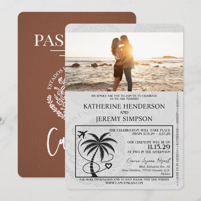 Invitación Boda de Pasaporte de Cancún Marrón (Anverso / Reverso)