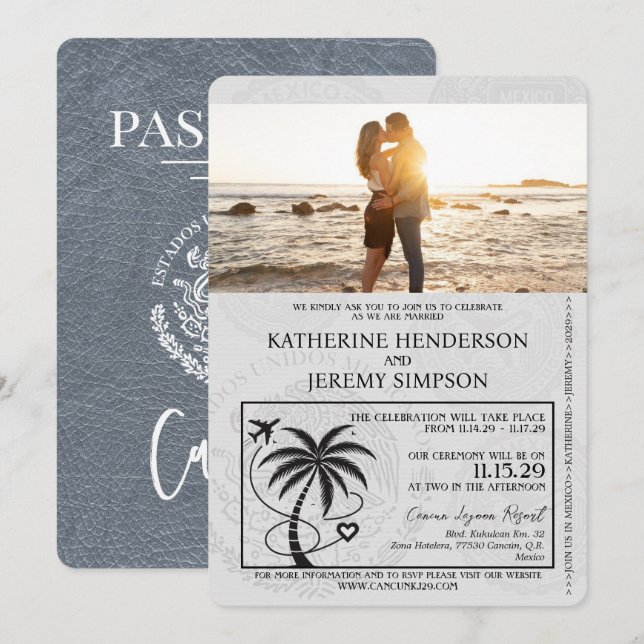 Invitación Boda de Pasaporte de Cancún Plateado (Anverso / Reverso)