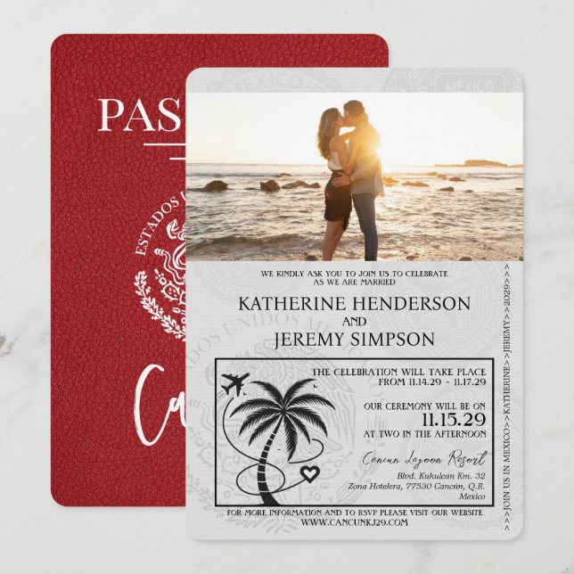 Invitación Boda de Pasaporte de Cancún Rojo (Anverso / Reverso)