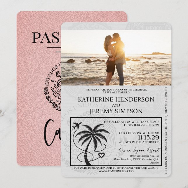 Invitación Boda de Pasaporte de Cancún Rosa (Anverso / Reverso)
