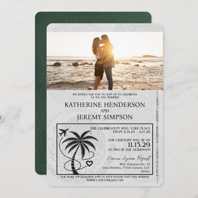 Invitación Boda de Pasaporte de Cancún Verde (Anverso / Reverso)