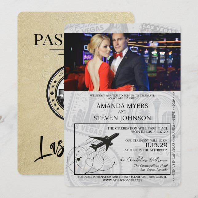 Invitación Boda de pasaporte de Champagne Las Vegas (Anverso / Reverso)