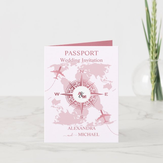 Invitación Boda de pasaporte de destino de Rosa moderno (Anverso)
