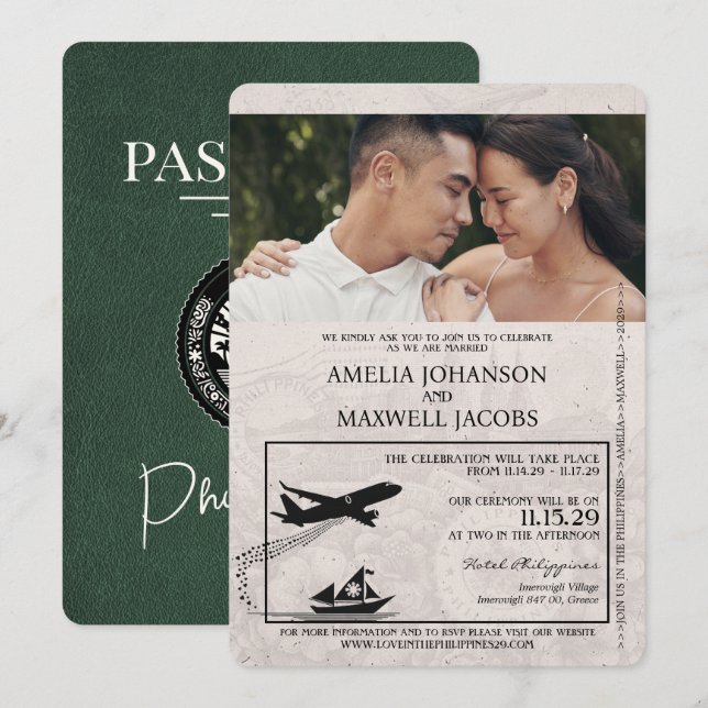 Invitación Boda de pasaporte de Filipinas verde (Anverso / Reverso)