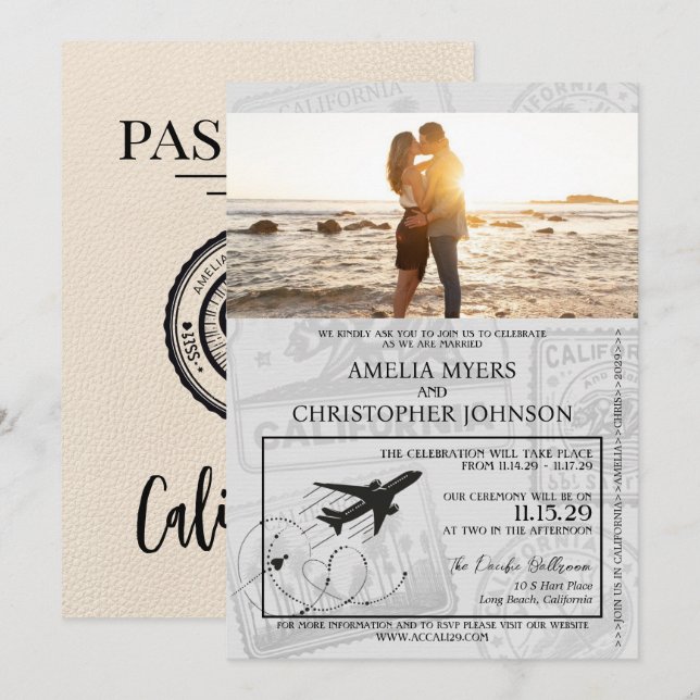 Invitación Boda de pasaporte de Ivory California (Anverso / Reverso)