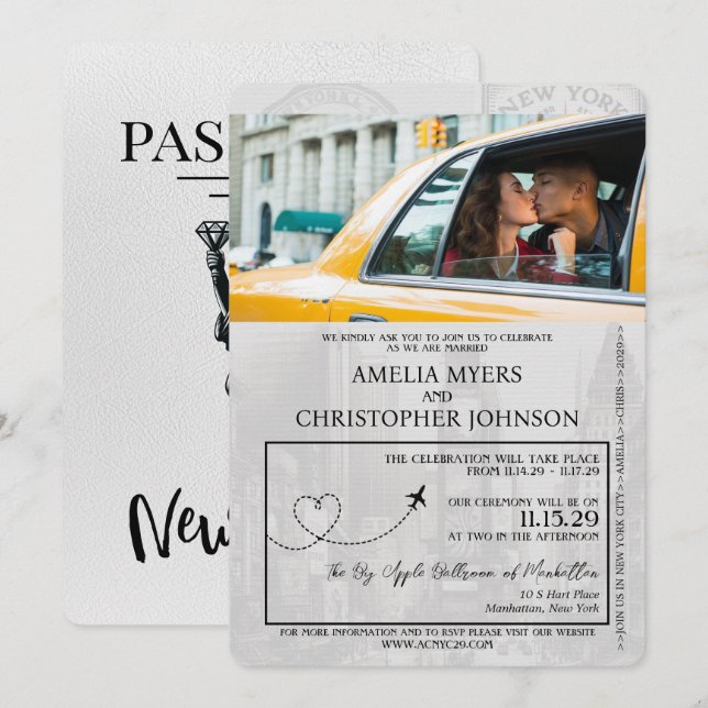 Invitación Boda de pasaporte de la ciudad de Nueva York blanc (Anverso / Reverso)