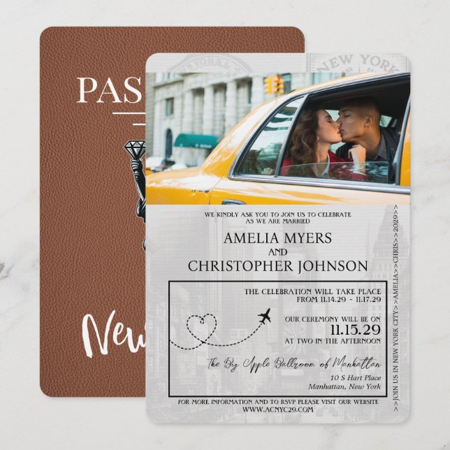 Invitación Boda de pasaporte de la ciudad de Nueva York Brown (Anverso / Reverso)