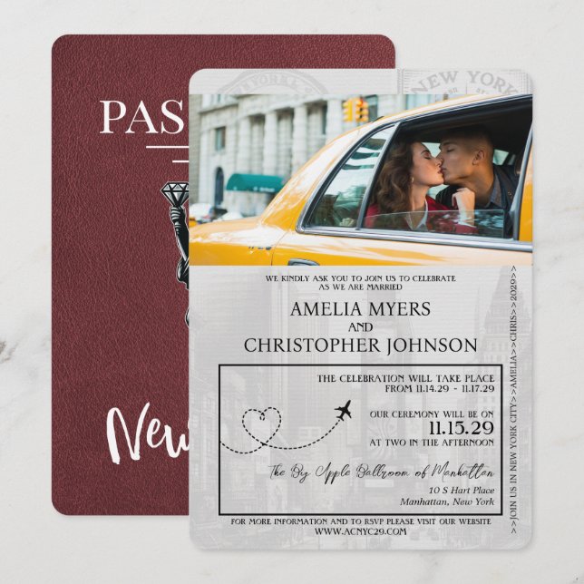 Invitación Boda de pasaporte de la ciudad de Nueva York de Bo (Anverso / Reverso)