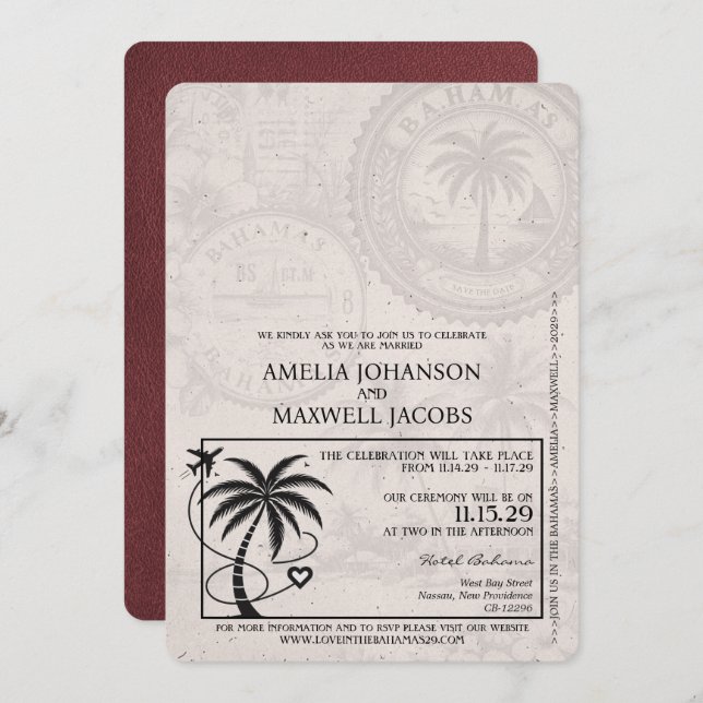 Invitación Boda de pasaporte de las Bahamas de Borgoña (Anverso / Reverso)