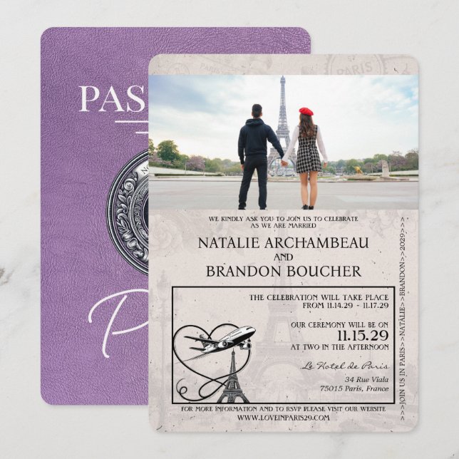 Invitación Boda de Pasaporte de Lavender Purple Paris (Anverso / Reverso)