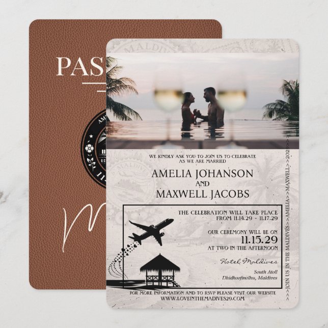 Invitación Boda de Pasaporte de Maldivas Marrón (Anverso / Reverso)