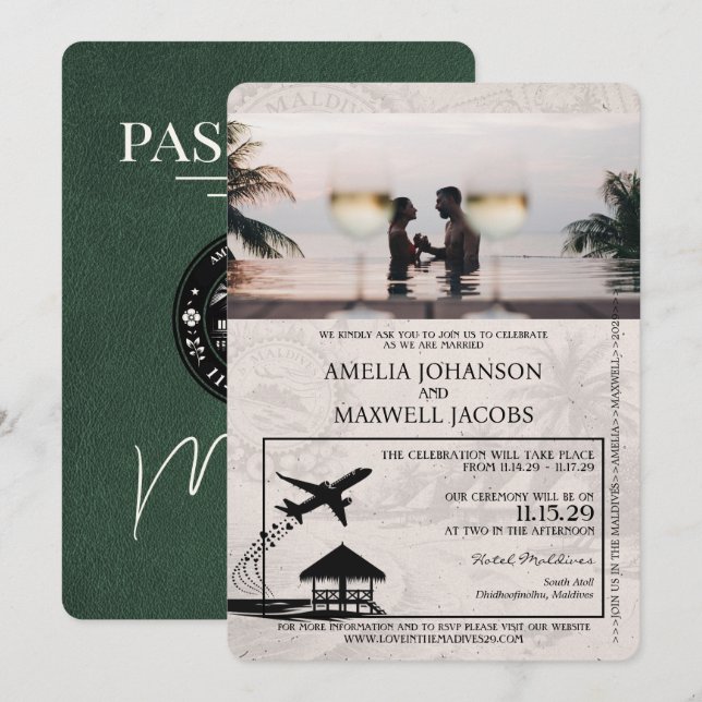 Invitación Boda de pasaporte de Maldivas Verde (Anverso / Reverso)