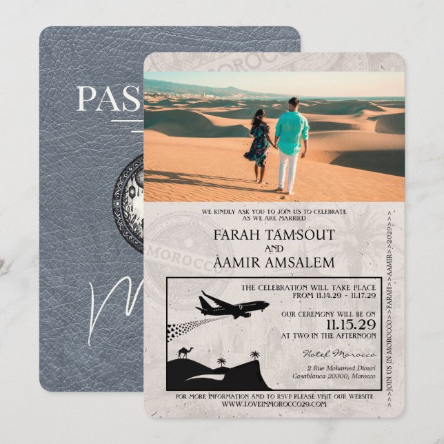 Invitación Boda de pasaporte de Marruecos plateado (Anverso / Reverso)