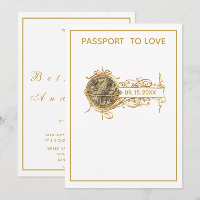 Invitación Boda de pasaporte de oro blanco moderno (Anverso / Reverso)