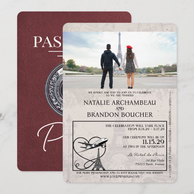 Invitación Boda de pasaporte de París de Borgoña (Anverso / Reverso)