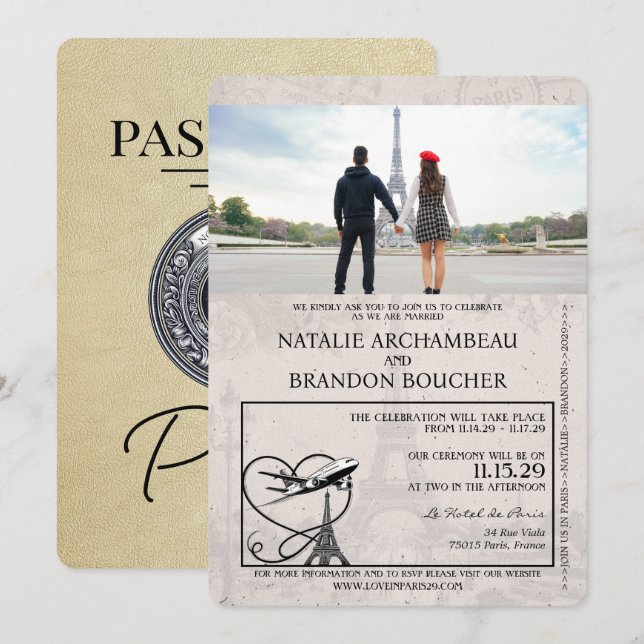 Invitación Boda de pasaporte de París de Champagne (Anverso / Reverso)
