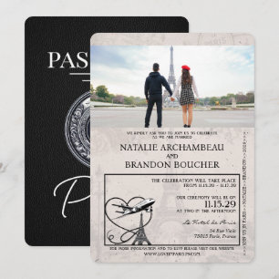 Invitación Boda de pasaporte de París negro