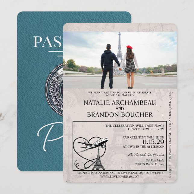Invitación Boda de pasaporte de París verde azulado (Anverso / Reverso)