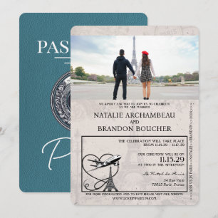 Invitación Boda de pasaporte de París verde azulado