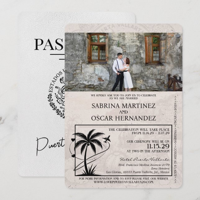 Invitación Boda de pasaporte de Puerta Blanca Vallarta (Anverso / Reverso)