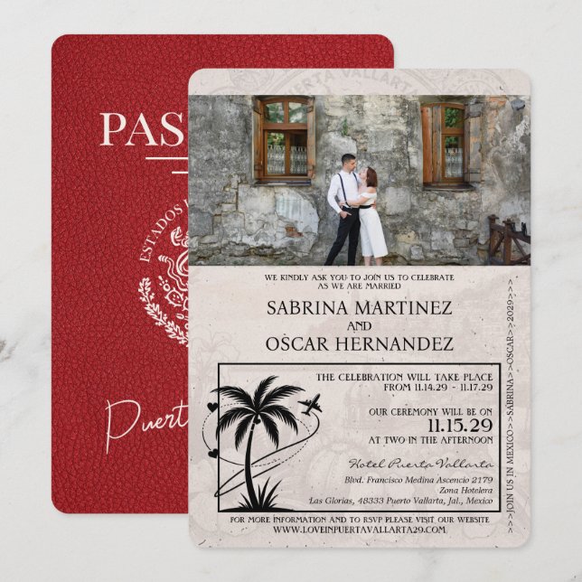 Invitación Boda de Pasaporte de Puerta Roja Vallarta (Anverso / Reverso)