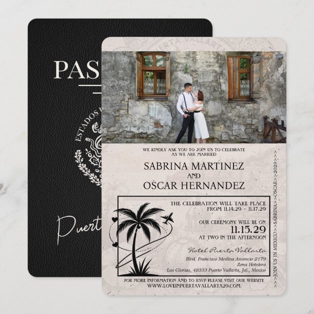 Invitación Boda de pasaporte de Puerta Vallarta Negra (Anverso / Reverso)