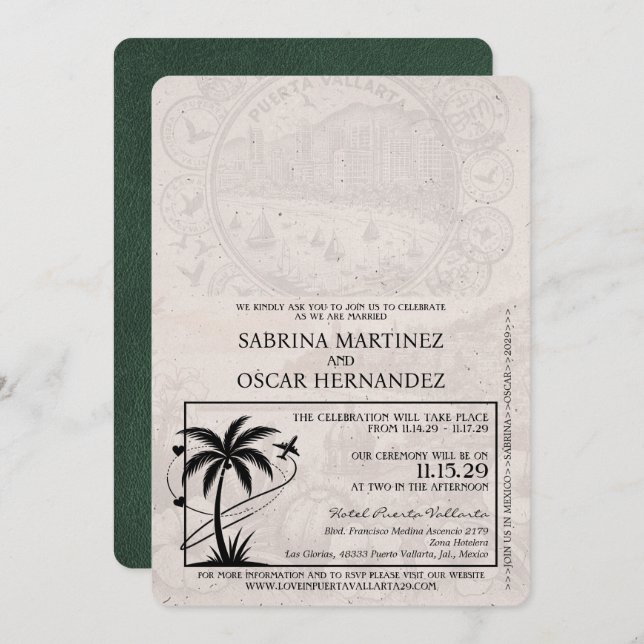 Invitación Boda de pasaporte de Puerta Verde Vallarta (Anverso / Reverso)