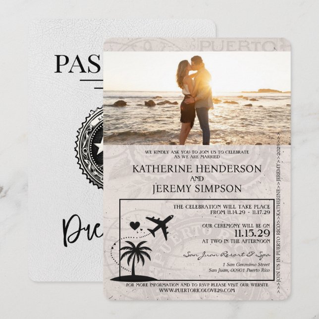 Invitación Boda de pasaporte de Puerto Rico blanco (Anverso / Reverso)