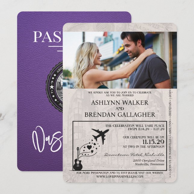 Invitación Boda de Pasaporte de Purple Nashville (Anverso / Reverso)