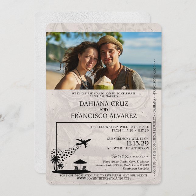 Invitación Boda de pasaporte de República Dominicana Blanca (Anverso / Reverso)
